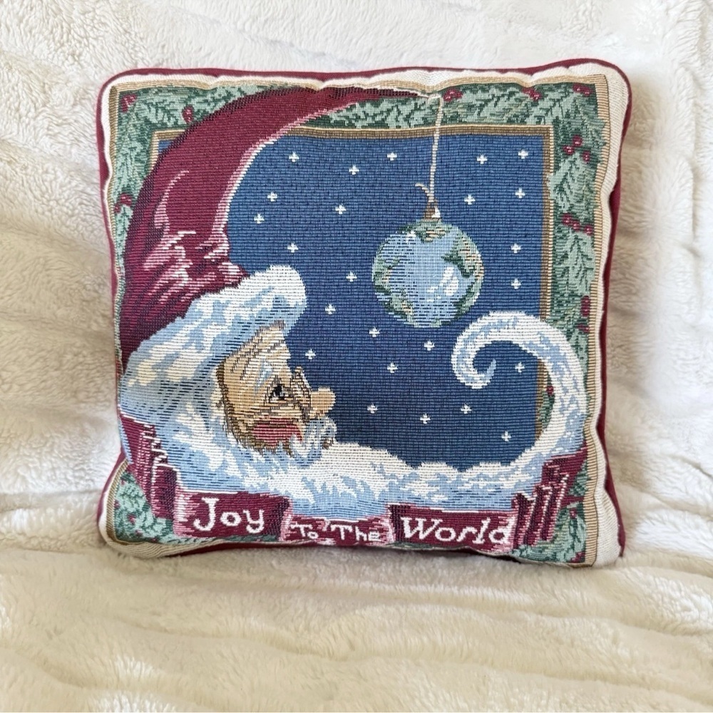 Vintage Santa Moon Joy To The World Needlepoint Throw Pillow